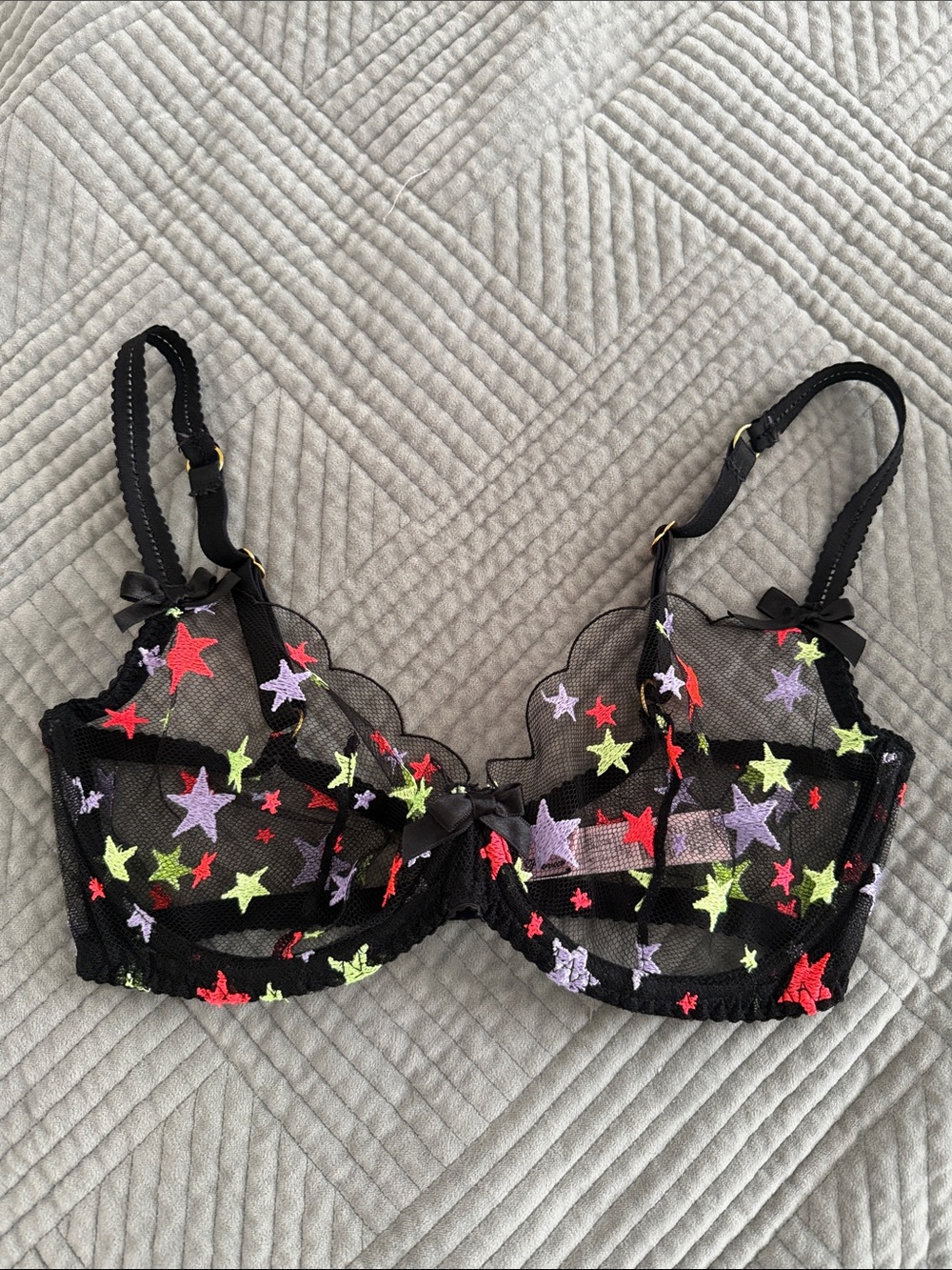 Agent Provocateur Black Mesh Bra with Multicolor Star Embroidery